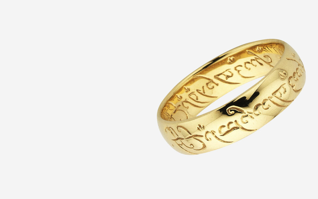 LOTR Lord of the Rings gold ring, inscribed, sold by Goldfields Jewellers of Queenstown.